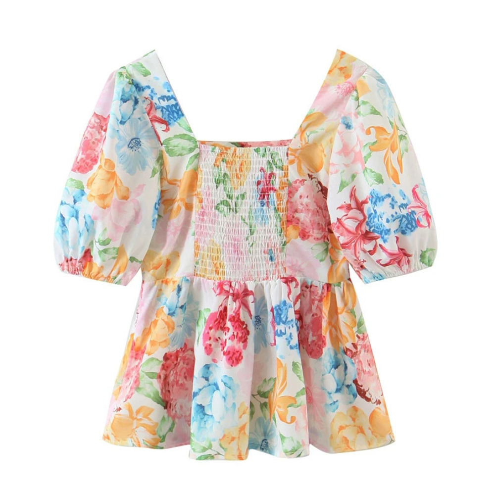 Spring Printed Puff Sleeve Elastic Back Blouse